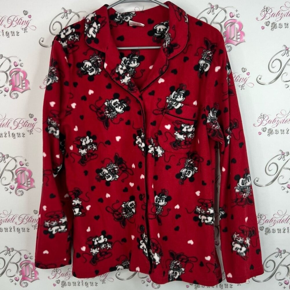 Disney button up fleece hearts love soft Red Pajama Top with Mickey and Minnie